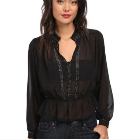 Free People Black beaded long sleeve Sheer Blouse Size Large - Picture 1 of 4